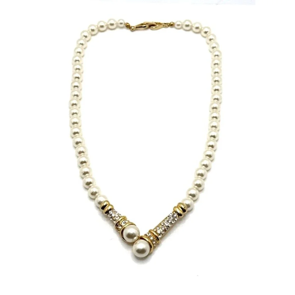 Faux Pearl Rhinestone Choker Necklace Gold Tone Statement 18